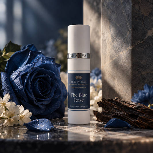 The Blue Rose Chamomile, Aqua Florals, Rosewater, Bergamot
Heart Notes:
Rose, Violet, Peach Cream, Light Honey, Jasmine
Base Notes:
Frankincense, Sandalwood Mysore, Indian Oud, Vetiver, Moss