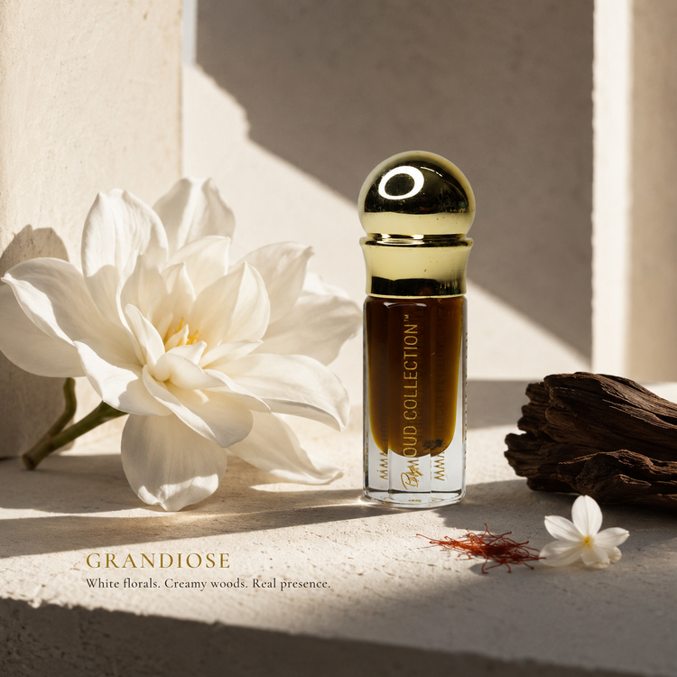 Grandiose Perfume oil, Artisanal perfume, High end perfume, pure perfume, White florals, creamy woods, restrained depth