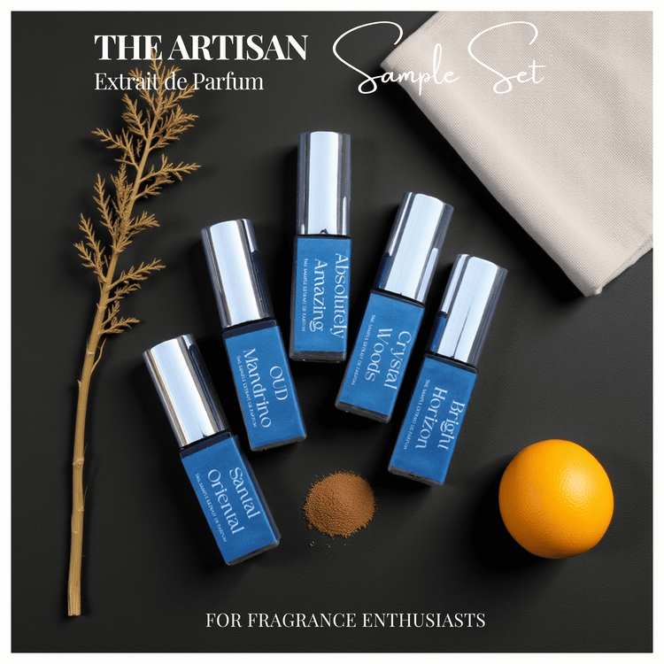 Artisan extrait perfume sample set with five handmade scents
