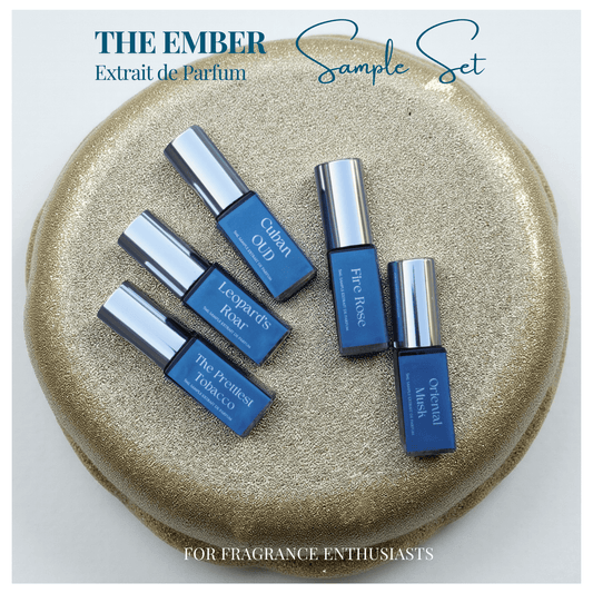Extrait de parfum sample set featuring smoky, warm artisanal scents